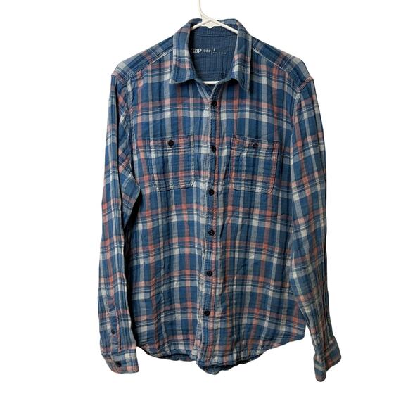 Gap Men's Retro Soft 100% Cotton Flannel Shirt Blue and Pink Size Large Relaxed - Picture 1 of 7